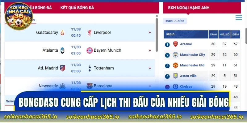 Bongdaso cung cấp lịch thi đấu của nhiều giải bóng