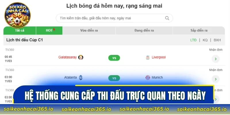 Hệ thống cung cấp thi đấu trực quan theo ngày